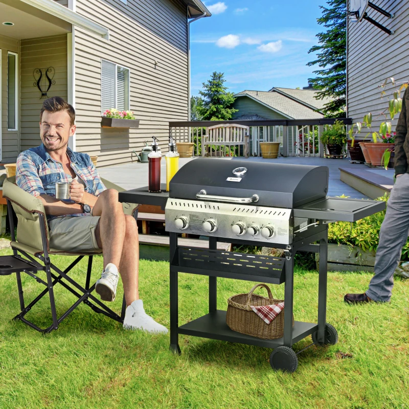 Outsunny Barbecue à gaz 4+1, barbecue au gaz propane 12,5 kW roulettes, grille chauffante, étagères, thermomètre, décapsuleur