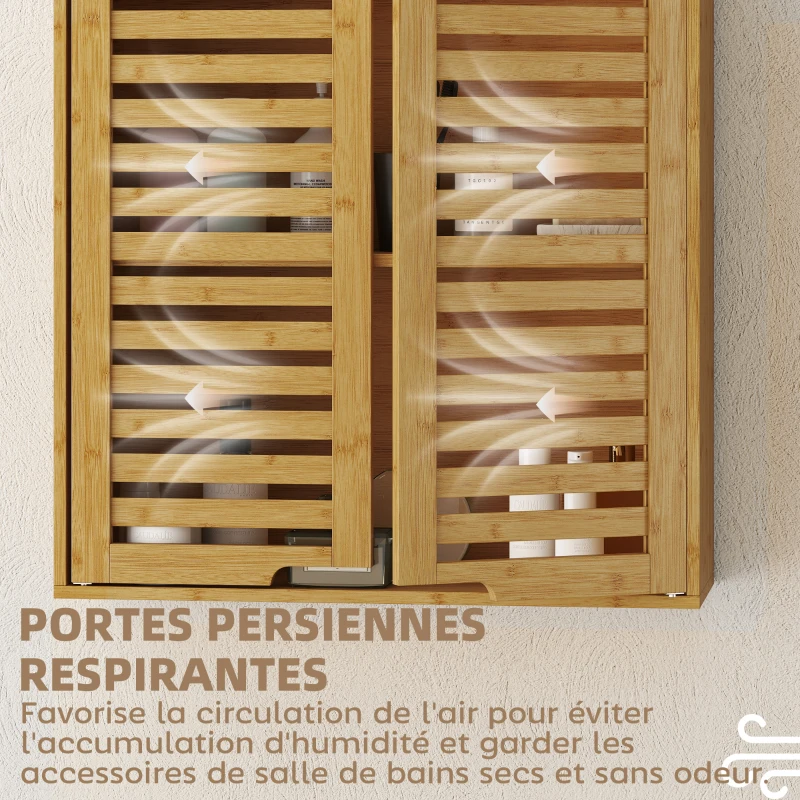HOMCOM Armoire murale de salle de bain, meuble de rangement avec étagère réglable, en bambou 60 x 20 x 60 cm effet bois naturel
