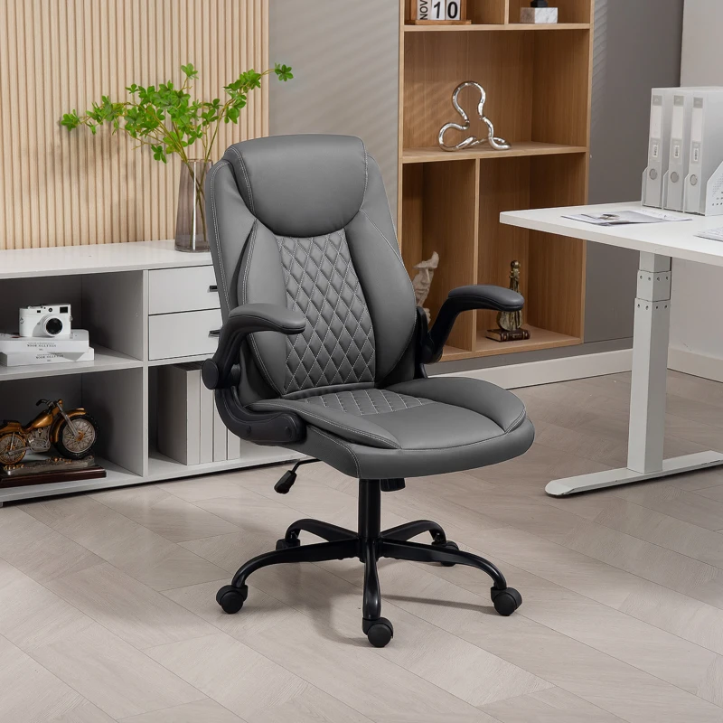 HOMCOM Fauteuil de bureau, chaise bureau ergonomique avec accoudoirs relevables, hauteur réglable, fonction de bascule, gris