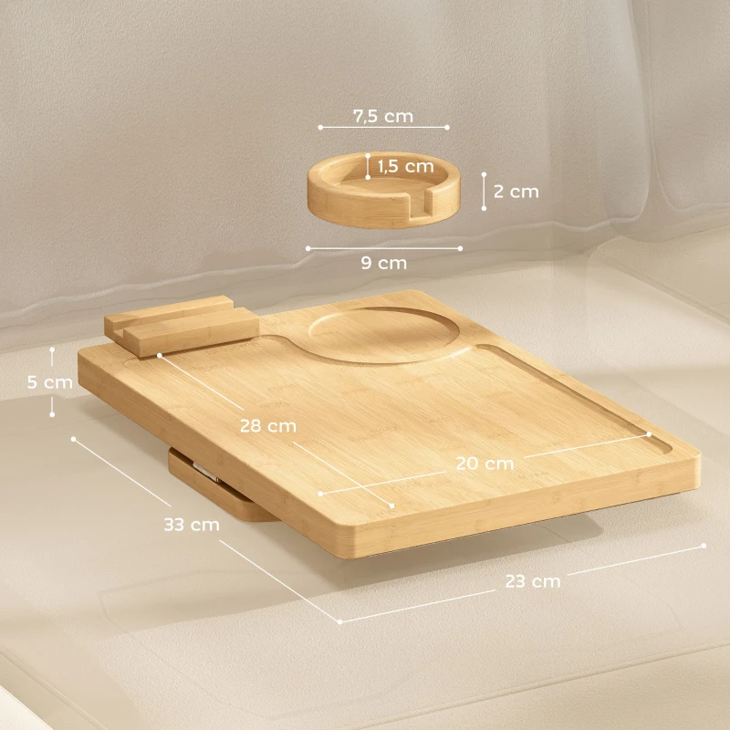 HOMCOM Faltbares, flexibles Bambus-Armlehnen-Tablett für Sofa mit herausnehmbarem Getränkehalter und Drehhalter für Handy