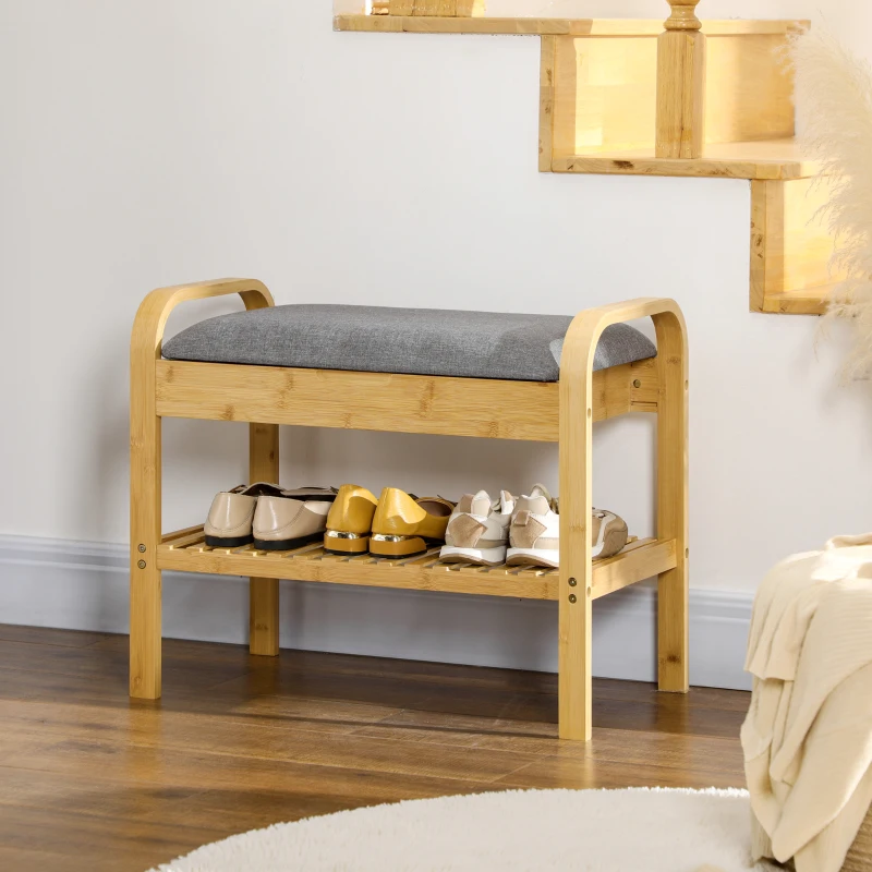 HOMCOM Banc à chaussures avec coussin d'assise rangement caché, étagère à lattes en bambou, 60 x 33 x 50, naturel