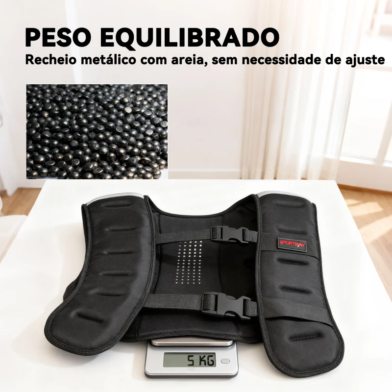 SPORTNOW Colete de Peso 5 kg Colete de Treino com 2 Tiras Ajustáveis e Bandas Reflectoras para Treino de Força Corrida 43x33 cm Preto