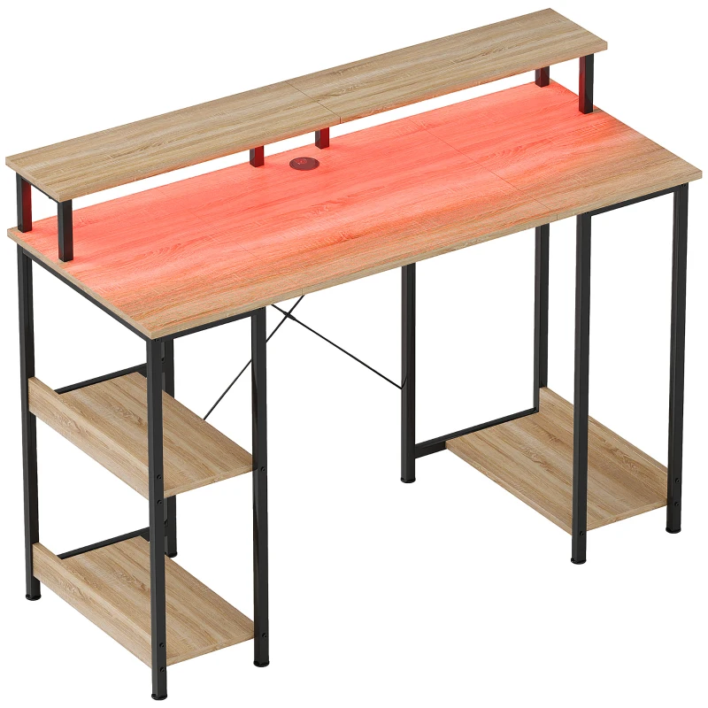 HOMCOM Bureau d'ordinateur 120 cm bureau avec rangement avec lumières LED, étagères de rangement, support d'écran, naturel
