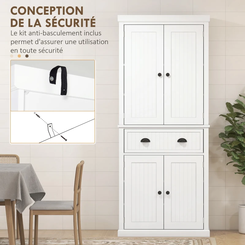 HOMCOM Armoire de cuisine buffet cuisine multi-rangements étagères réglables 4 portes grand tiroir 76,2 x 40,2 x 183 cm blanc