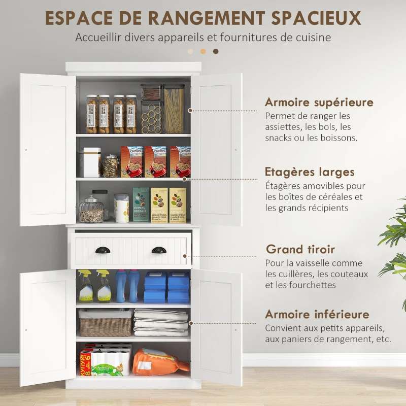 HOMCOM Armoire de cuisine buffet cuisine multi-rangements étagères réglables 4 portes grand tiroir 76,2 x 40,2 x 183 cm blanc