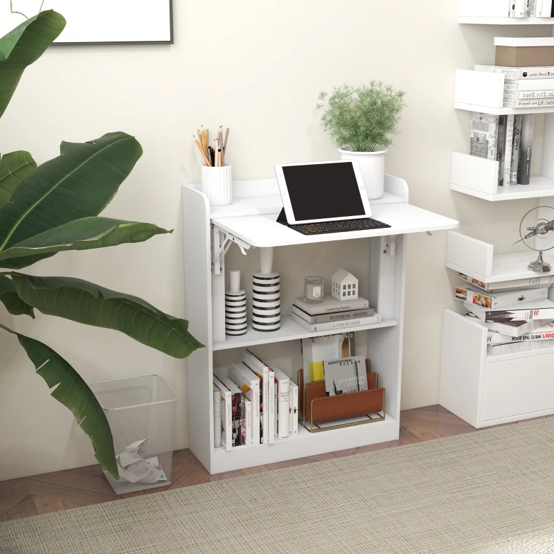 HOMCOM Bureau d'ordinateur table de bureau plateau rabattable et 3 étagères de rangement gain de place 63 x 55,5 x 82 cm blanc