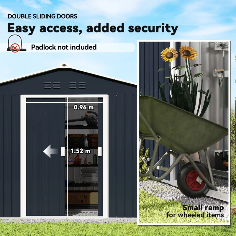 Outsunny Metal Tool Shed with Sliding Doors and Ventilation Windows, 277 x 195 x 192 cm, Dark Gray