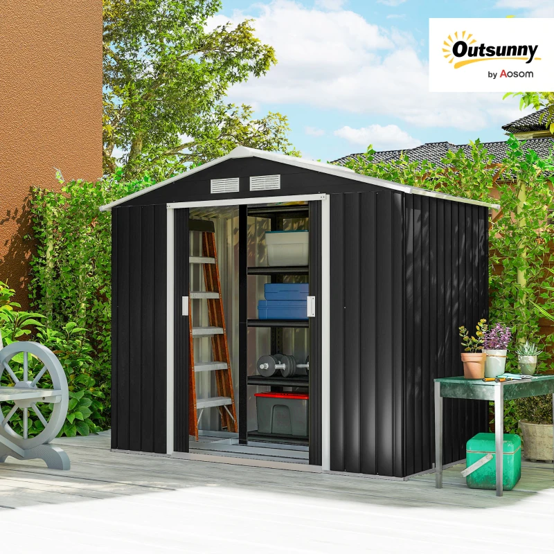 Outsunny 7ft x 4ft Lockable Garden Shed Large Patio Roofed Tool Metal Storage Building Foundation Sheds Box Outdoor Furniture, Dark Grey(m-11)