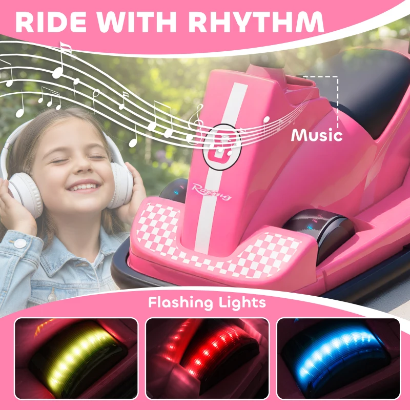 AIYAPLAY Kids Bumper Car, 360° Rotation Spin Electric Waltzer Car with LED Lights, Music for Ages 3-8 Years Old, Pink