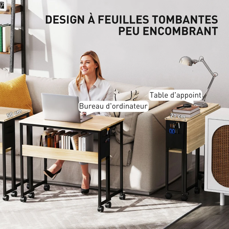 HOMCOM Bureau pliable sur roulettes 80 x 50 cm avec étagère et sac de rangement, chêne