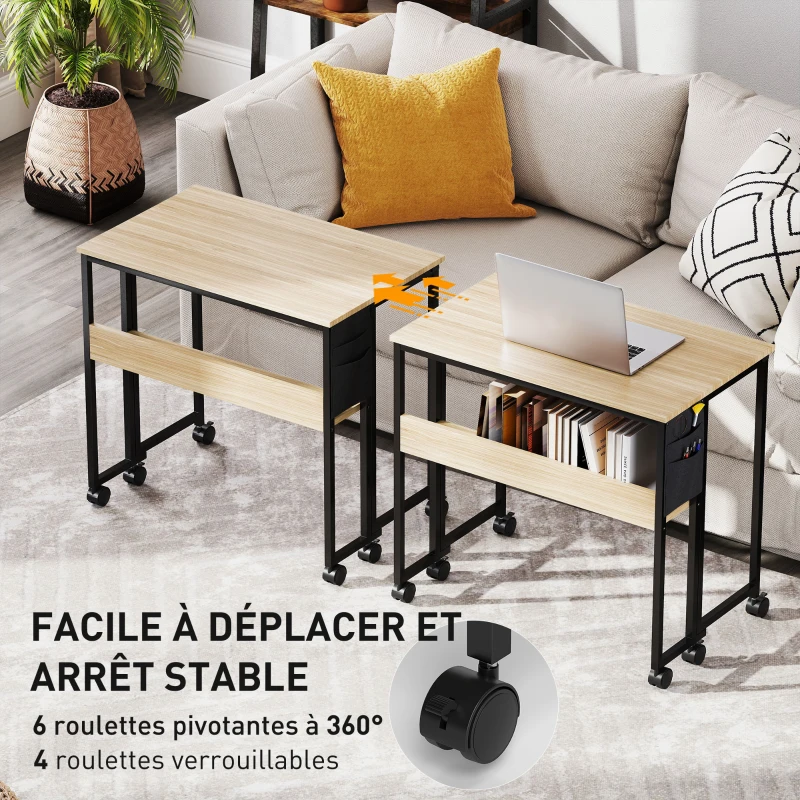 HOMCOM Bureau pliable sur roulettes 80 x 50 cm avec étagère et sac de rangement, chêne