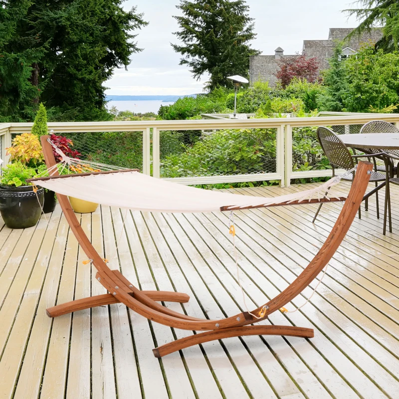 Outsunny Hamac avec support bois hamac sur pied extérieur 4 cordes de sécurité charge 120 kg bois naturel et blanc