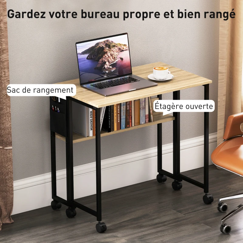 HOMCOM Bureau pliable sur roulettes 80 x 50 cm avec étagère et sac de rangement, chêne
