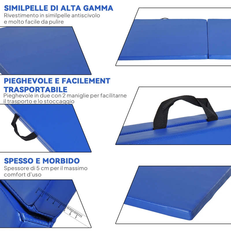 HOMCOM Tappetino da Ginnastica Pieghevole, Materassino Fitness Spesso 5 cm e Antiscivolo, 180x60x5 cm, Blu