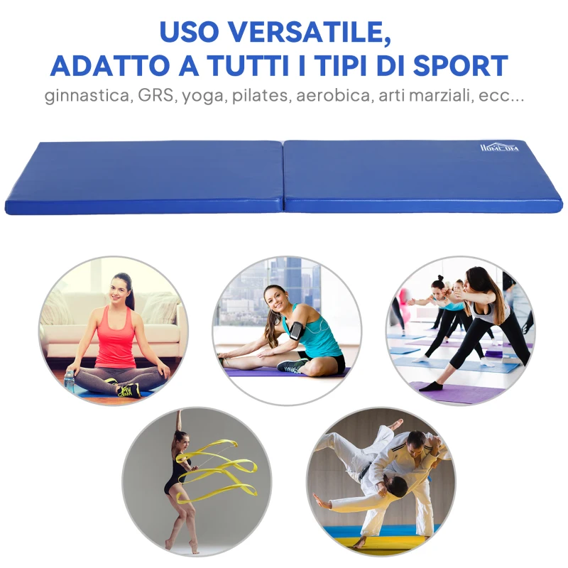 HOMCOM Tappetino da Ginnastica Pieghevole, Materassino Fitness Spesso 5 cm e Antiscivolo, 180x60x5 cm, Blu