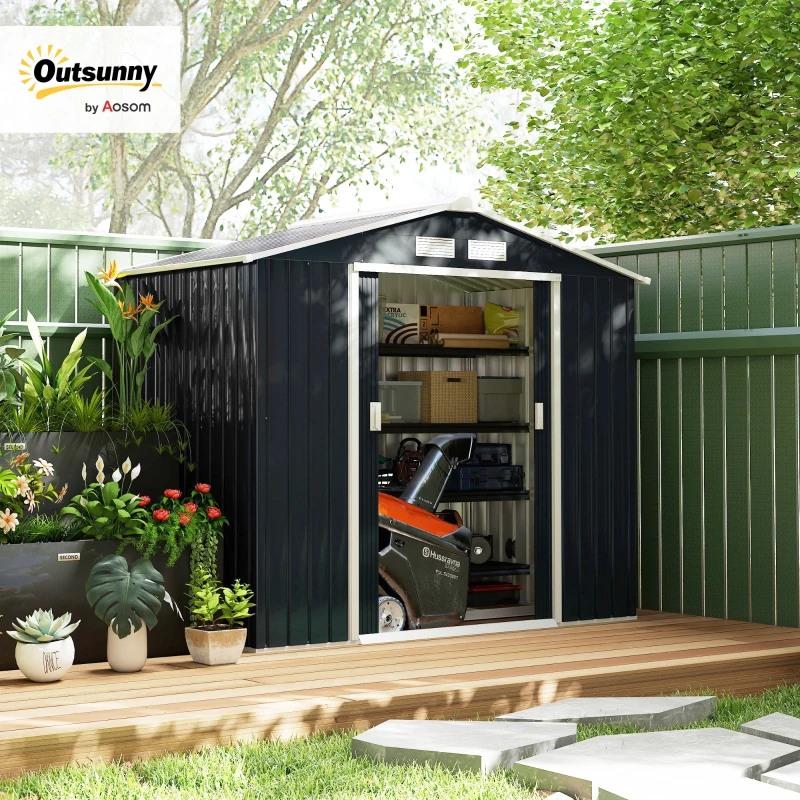 Outsunny 7ft x 4ft Lockable Garden Shed Large Patio Roofed Tool Metal Storage Building Foundation Sheds Box Outdoor Furniture, Dark Grey(m-2)