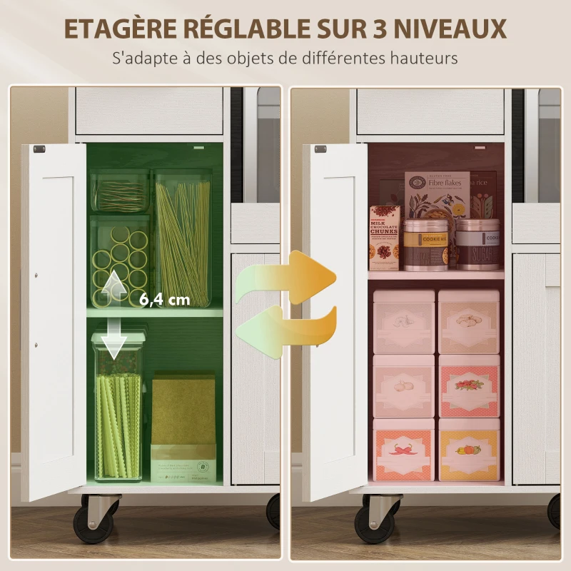 HOMCOM Desserte cuisine à roulettes, meuble micro onde, plateau coulissant, tiroir, placards 3 portes, 80x40x88,7cm, blanc