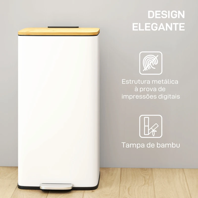 HOMCOM Balde de Lixo de Cozinha com Pedal 20L Tampa de Bambu com Fecho Suave 29,5x29,5x56,8 cm Branco e Madeira