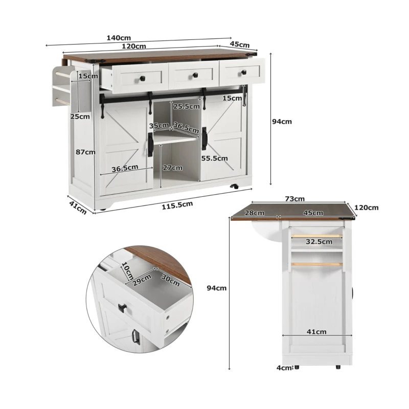 Îlot de cuisine avec plateau rabattable, chariot de service sur roulettes avec 2 portes coulissantes et 3 tiroirs, 140x45/73x94 cm, Beige