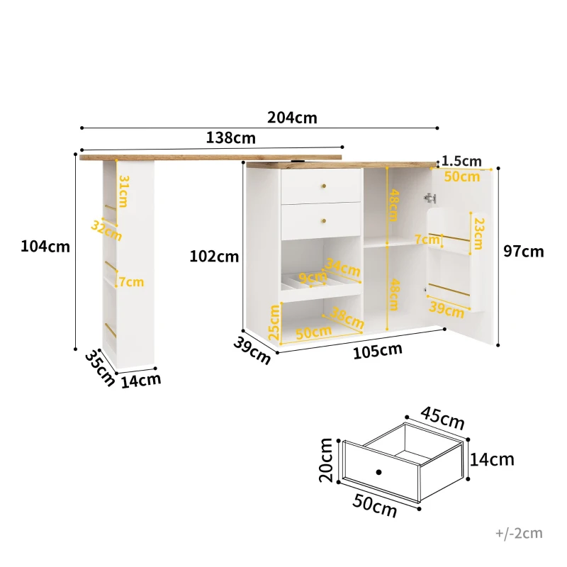 Bancone bar girevole a 360° con 2 cassetti e armadietto con anta scorrevole, 3 ripiani aperti, Bianco