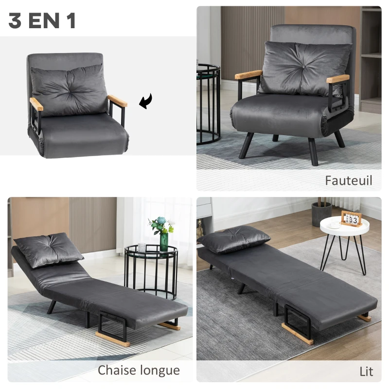 HOMCOM Fauteuil convertible 1 place fauteuil-lit chauffeuse 3 en 1 dossier réglable oreiller tissu velours 63x73x81cm gris