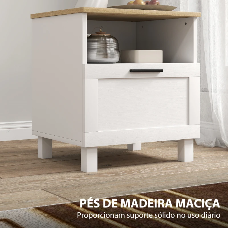 HOMCOM Conjunto de 2 Mesas de Cabeceira Modernas com Gaveta Compartimento Aberto Pés de Madeira 45x38x50 cm Branco