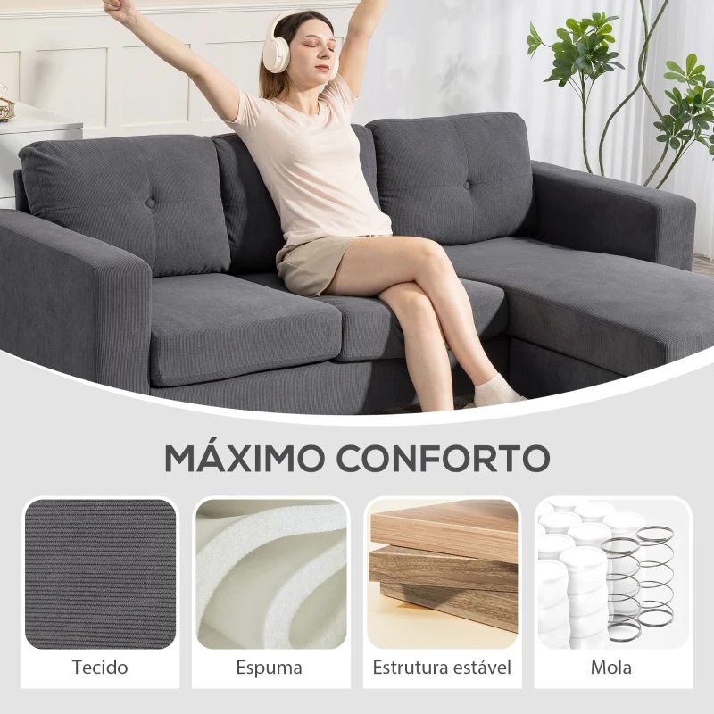 HOMCOM Sofá Chaise Longue Reversível Sofá de Canto em Forma de L de 3 Lugares Estofado em Veludo Cotelê 192x137x84 cm Cinzento Escuro