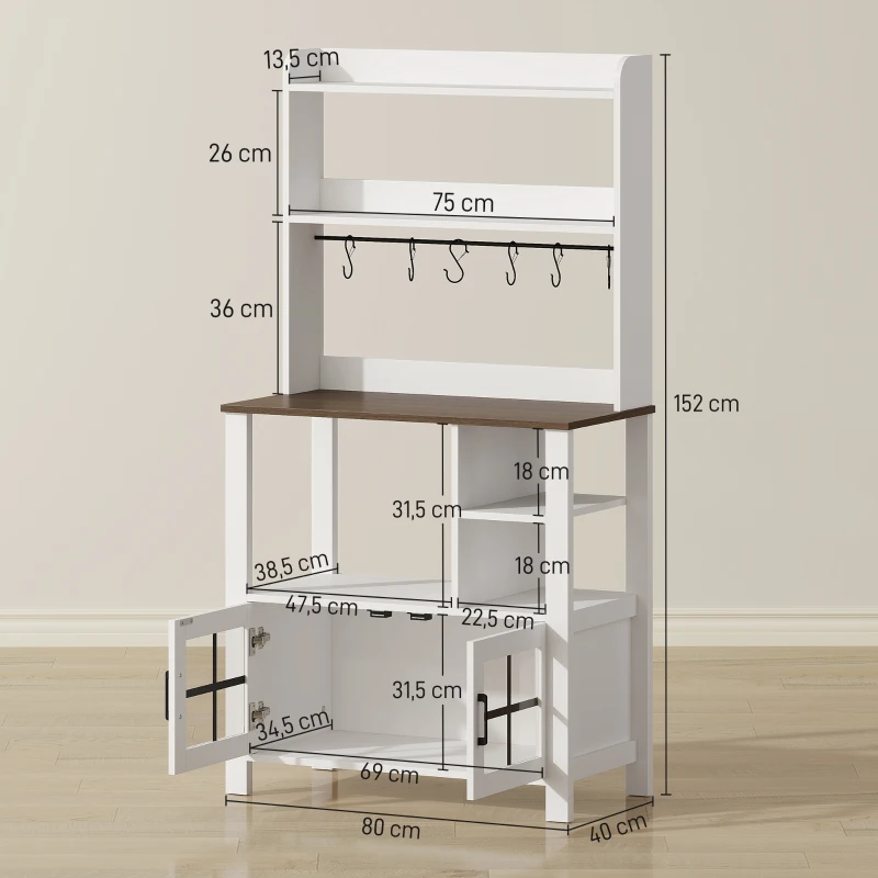 HOMCOM Alacena de Cocina con 6 Ganchos para Tazas 2 Puertas de Vidrio Estantes Abiertos 80x40x152 cm Blanco