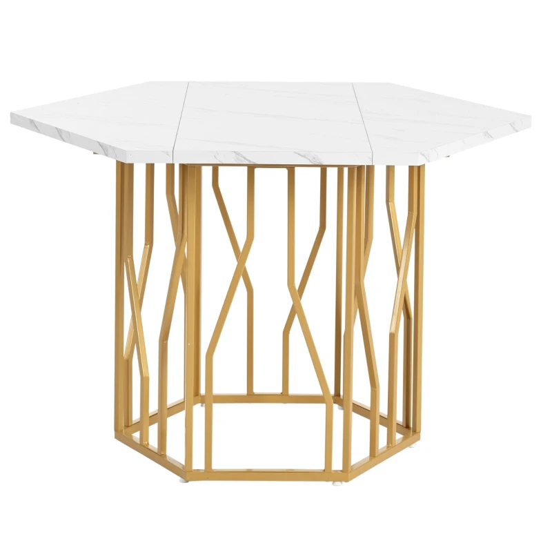 Tavolo da pranzo esagonale moderno con gambe in metallo dorato, 115.5x100x75 cm, Bianco e Oro