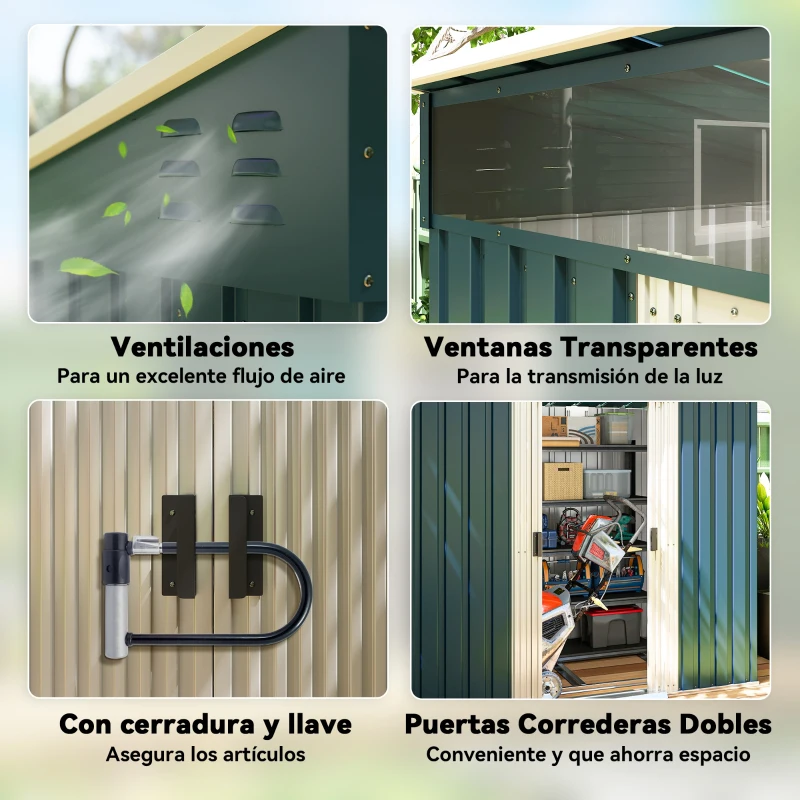 Outsunny Cobertizo de Jardín 195x122x181,5 cm con Puertas Correderas 2 Ventanas y Ganchos para Almacenar Herramientas Verde