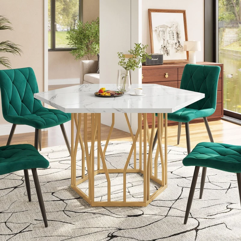 Tavolo da pranzo esagonale moderno con gambe in metallo dorato, 115.5x100x75 cm, Bianco e Oro