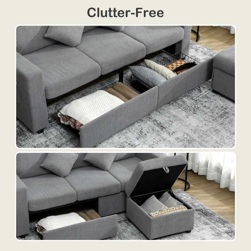 HOMCOM Divan 3 Locuri cu Pouf de Depozitare din Velur cu Nervuri 196x139x85 cm, Gri deschis