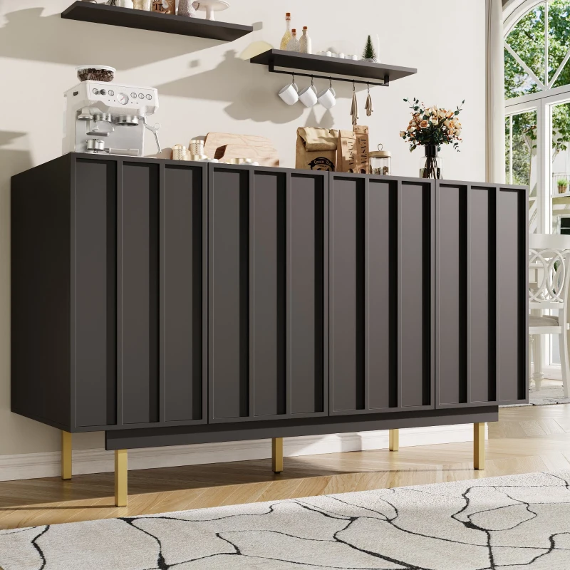 Dulap minimalist pentru sufragerie, cu 4 uși și rafturi reglabile, 140x38,5x82,5 cm, Negru