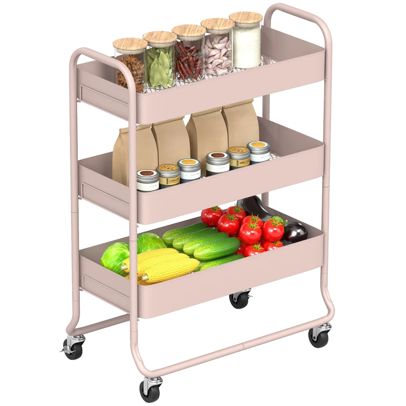 HOMCOM 3-Tier Storage Trolley on Wheels, Rolling Utility Cart with Mesh Backets for Kitchen, Bathroom, Bedroom, Light Pink