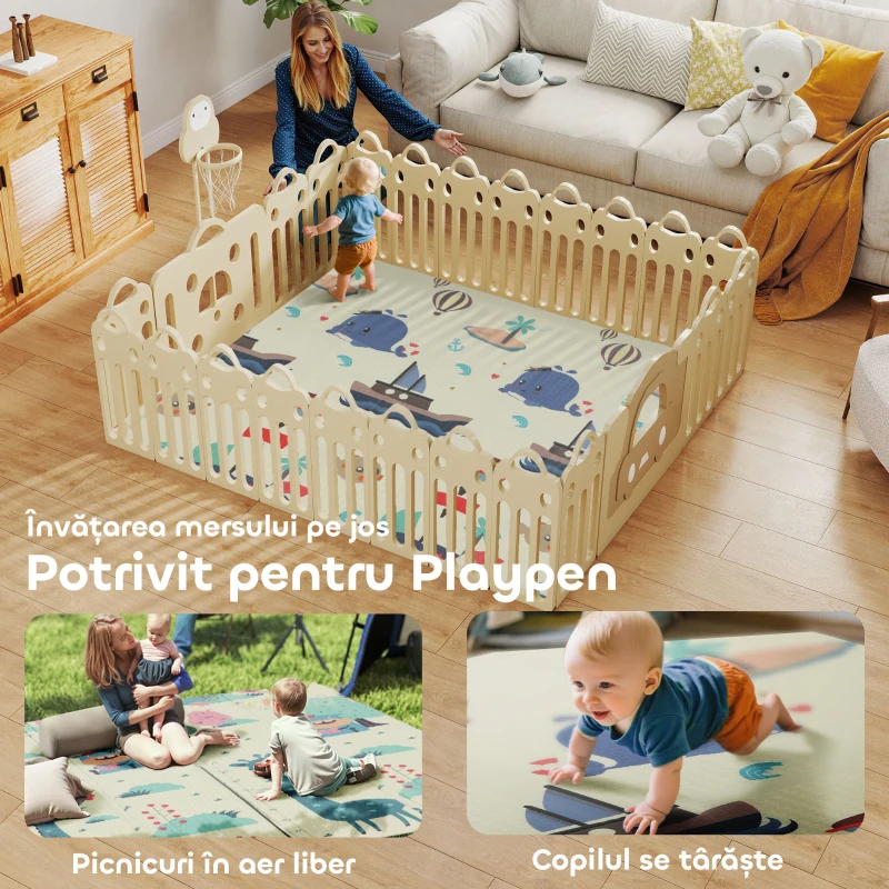 AIYAPLAY Covoraș bebeluși pliabil, față-verso, 196x176cm, temă cerbi și balene