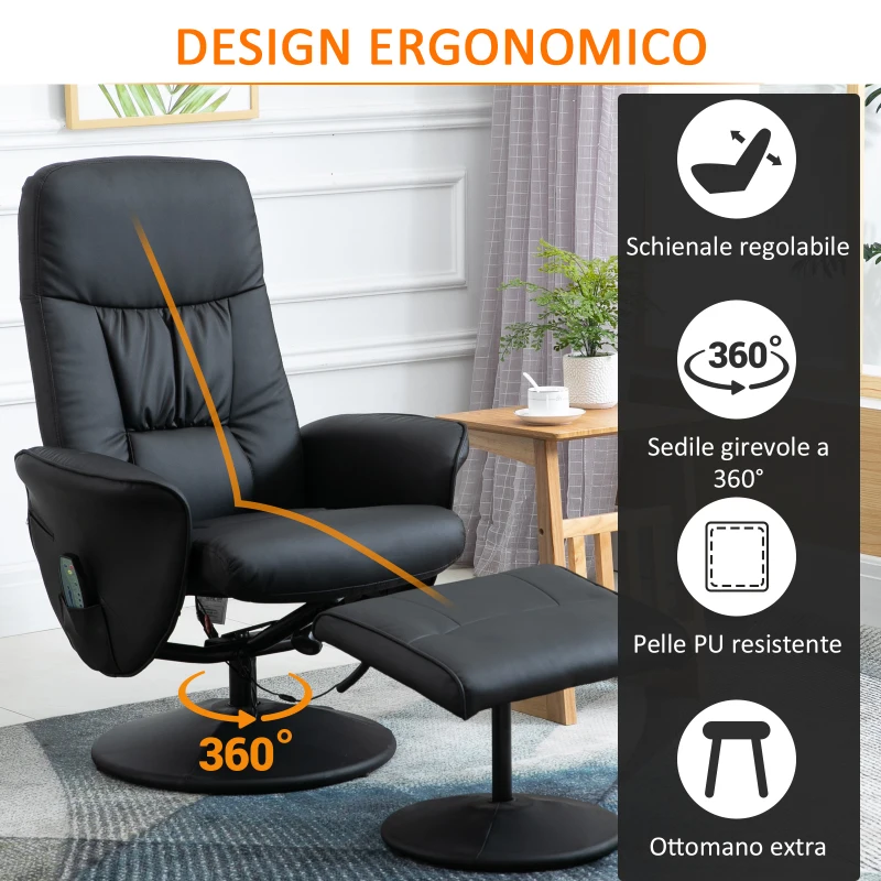 HOMCOM Poltrona Massaggiante con Pouf Poggiapiedi, Reclinabile a 145° con Seduta Girevole e 10 Punti Massaggio, Nero