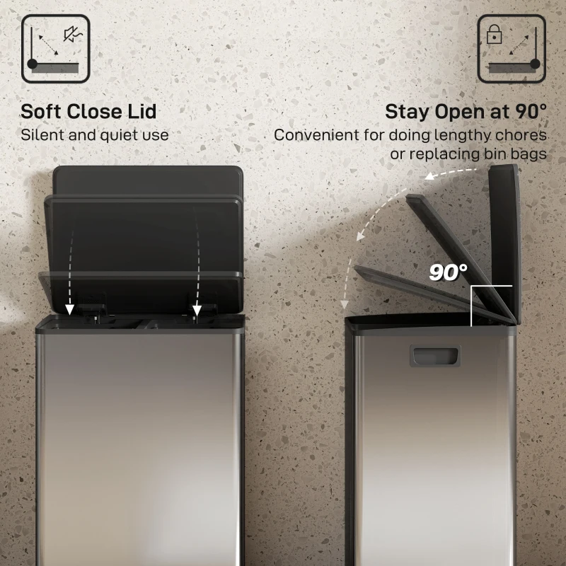 HOMCOM Coș de Gunoi cu Pedală cu 2 Compartimente de 30L, Capac Amortizat și Galeți Detașabili, Oțel Inoxidabil, Argintiu