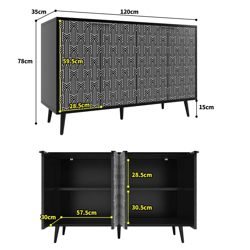 Buffet de salle à manger avec porte sculptée au motif unique en chevrons, pour le salon et la salle à manger, 120x35x78 cm, Noir
