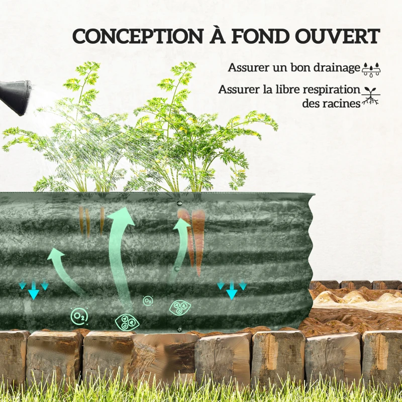 Outsunny Jardinière surélevée carré potager de jardin en acier modulable légumes, plantes, fleurs, dim. 150 x 62 x 30 cm vert