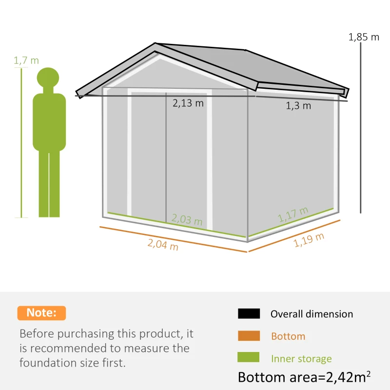 Outsunny 7ft x 4ft Lockable Garden Shed Large Patio Roofed Tool Metal Storage Building Foundation Sheds Box Outdoor Furniture, Green
