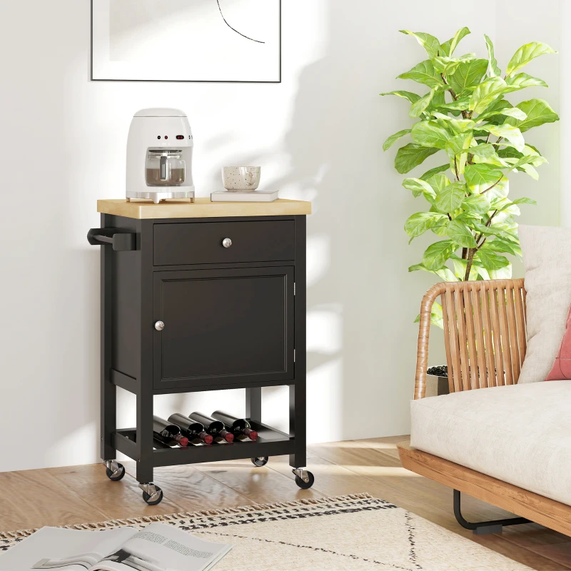HOMCOM Desserte de cuisine à roulettes, chariot de service, plan de travail en bois d'hévéa, tiroir, 63,5 x 40 x 90 cm, noir