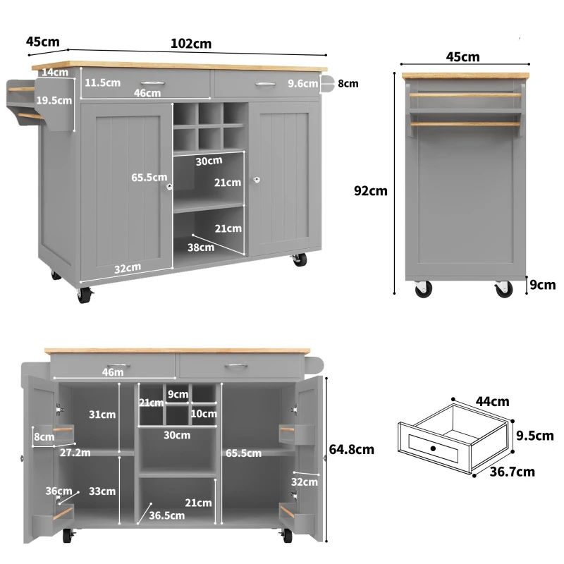 Îlot de cuisine moderne, table à manger multifonctionnelle avec espace de rangement, 102x45x92 cm, Gris