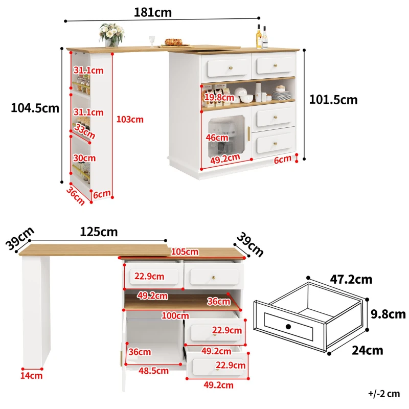 Bancone da bar allungabile con contenitore, girevole a 360°, MDF e vetro, 125-181x39x104,5 cm, Bianco
