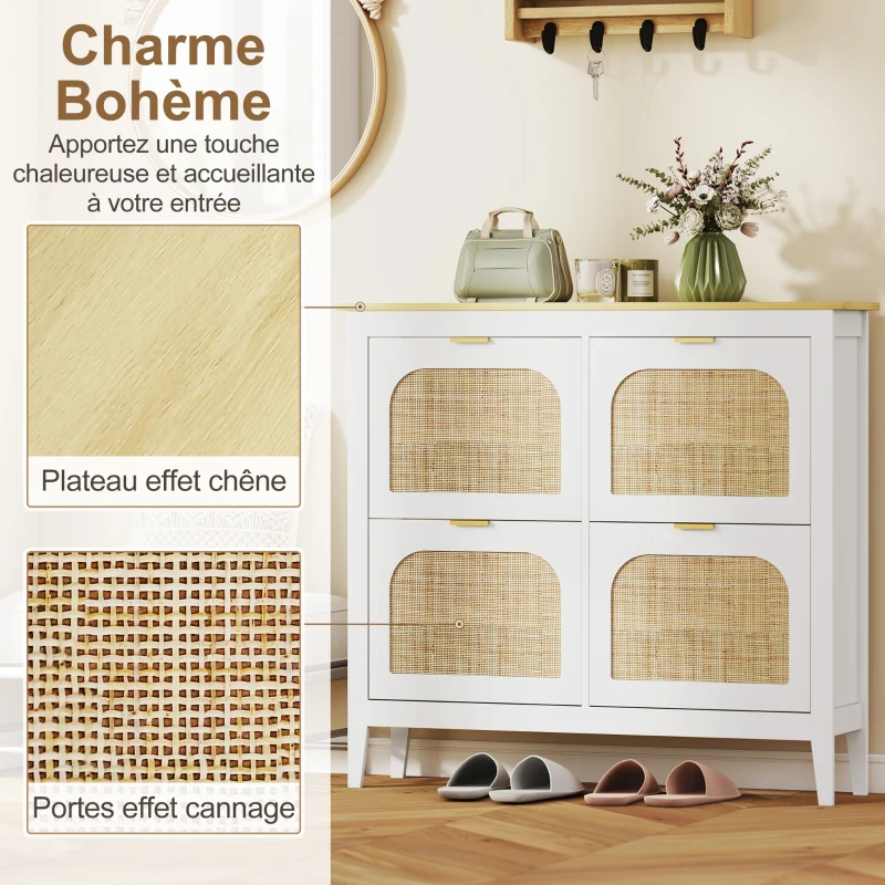 HOMCOM Meuble à chaussures 20 paires bohème avec 4 tiroirs rabattables, portes effet cannage rotin, 105 x 24 x 95,5 cm, blanc(m-4)