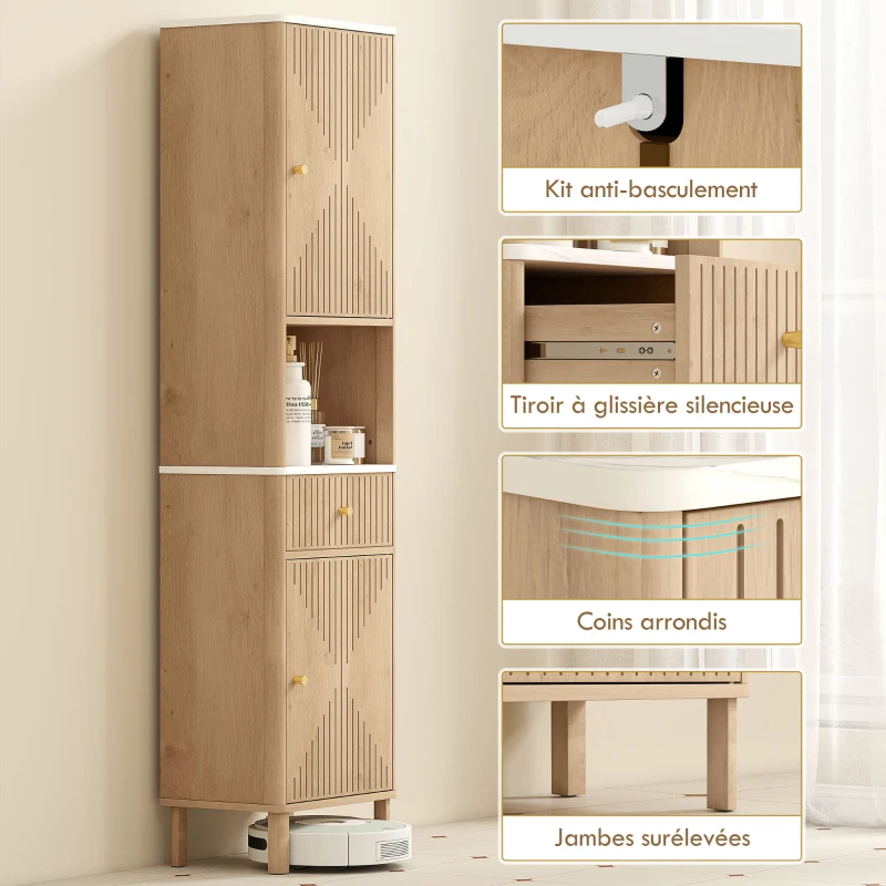 HOMCOM Armoire salle de bain haute meuble de rangement colonne avec tiroir coulissant silencieux 2 placards 41,5x30x168cm chêne