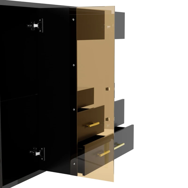 Buffet moderne avec porte en verre couleur sarcelle, cloisons réglables et pieds en fer dorés, 120x39,5x84 cm, Noir