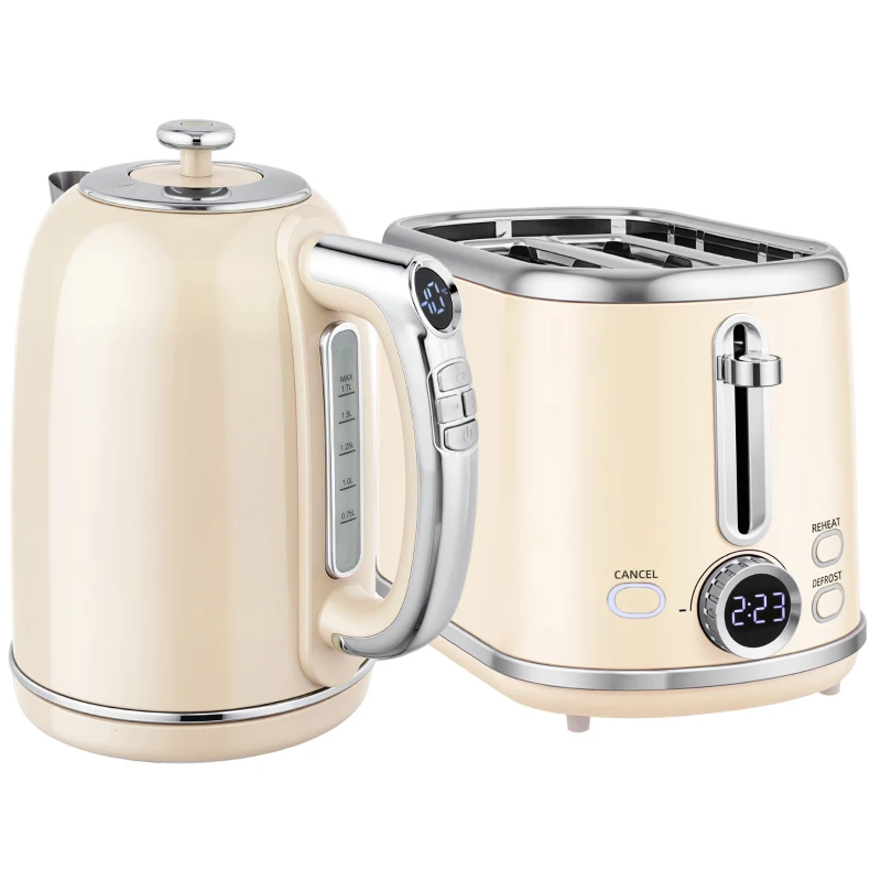 HOMCOM Polished Retro 40-100°C Kettle and Toaster Set - Cream
