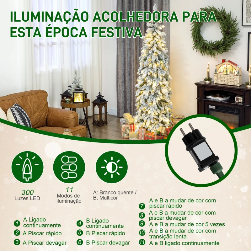 HOMCOM Árvore de Natal Estreita 180 cm Árvore de Natal Nevada com Luzes LED Temporizador 11 Modos de Iluminação Verde