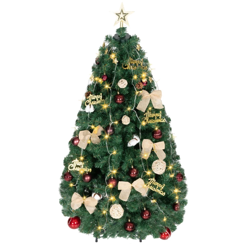 HOMCOM Árbol de Navidad 150 cm con Adornos 150 Luces LED Blanco Cálido 8 Modos de Iluminación 480 Ramas Verde