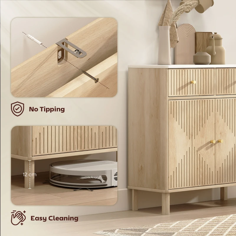 HOMCOM Comodă de Bucătărie cu 2 Sertare, Dulap și Blat cu Efect de Marmură Stejar